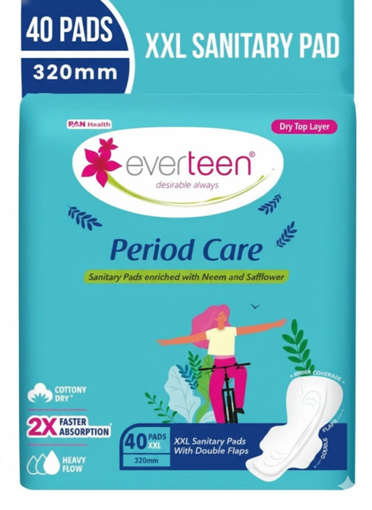 Everteen Period Care XXL Sanitary Pads – 40 Pads (320mm) | Heavy Flow Protection | 2X Faster Absorption | Neem & Safflower Enriched | Dry Top Layer with Double Flaps