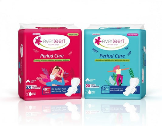 Everteen Period Care XXL Sanitary Pads – 40 Pads (320mm) | Heavy Flow & Overnight Protection | 2X Faster Absorption | Dry Top Layer | Neem & Safflower Enriched with Double Flaps (Combo Pack Of 2)